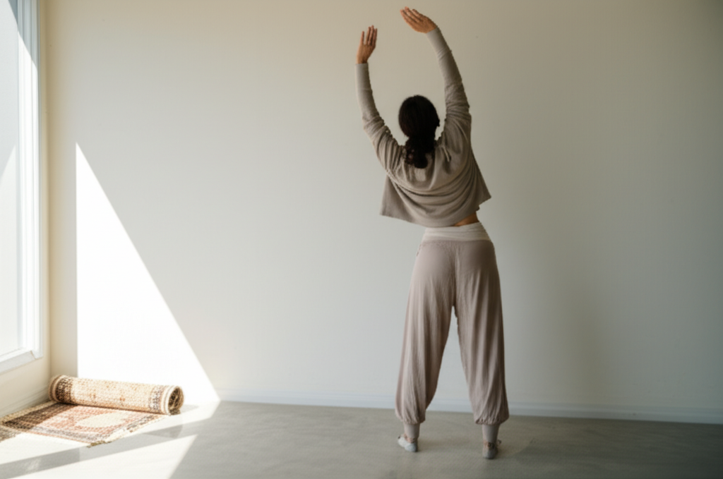 A woman, facing away from the viewer, stretching in a sunlit, minimalist living room. She's wearing loose-fitting, comfortable athletic clothing with sleeves that cover her arms and leggings or loose pants. A prayer rug is discreetly rolled up in the corner of the room.