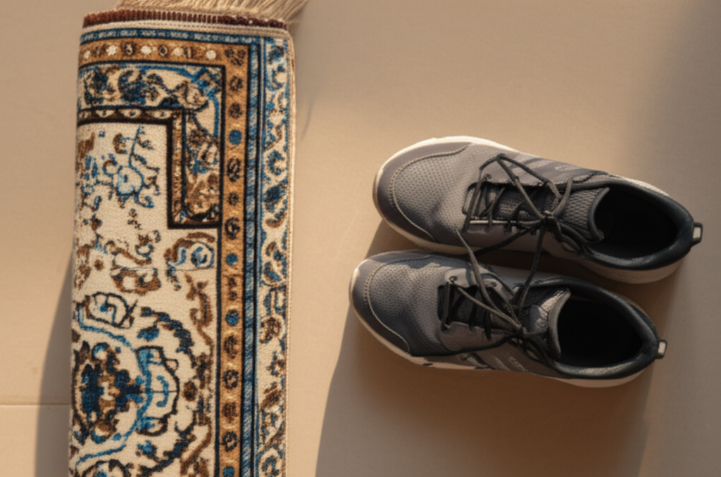 An overhead shot of a neatly rolled-up prayer rug next to a pair of comfortable, modest workout shoes, bathed in warm, natural light.