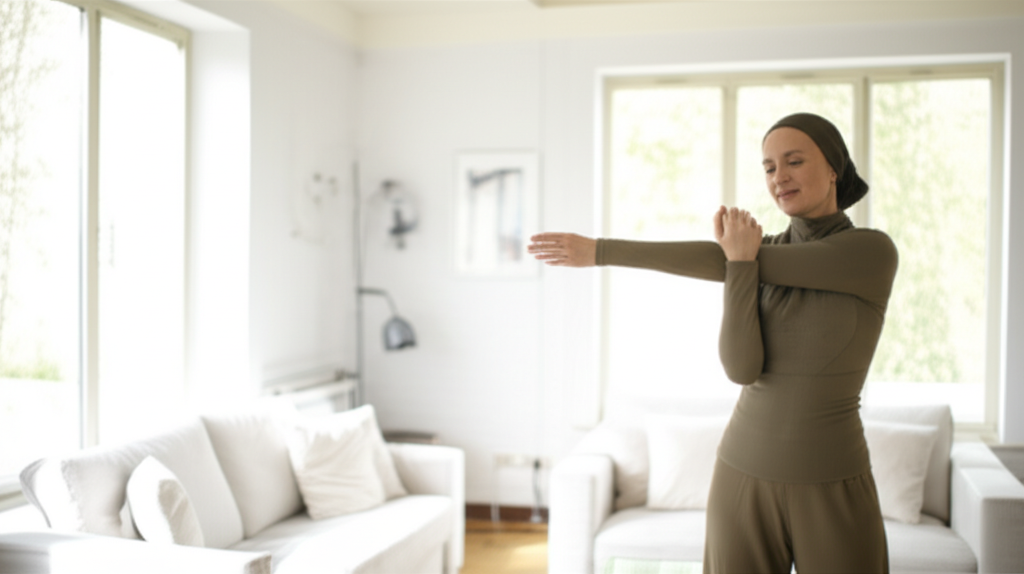 A woman, wearing modest workout attire (long sleeves, loose-fitting pants, and a head covering), is gently stretching her arm across her chest in a bright, uncluttered living room. The focus is on her peaceful expression and the clean, inviting space.