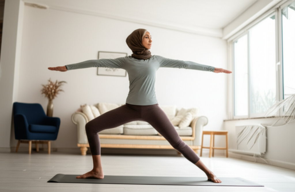 A woman dressed in modest activewear (loose-fitting, covering her hair with a breathable hijab or headscarf) gracefully performing a yoga pose, like Warrior Two, in a bright and airy living room setting. The room has minimalist decor and natural light streaming in. Focus on her calm expression and the intentionality of her movement, not her physique.