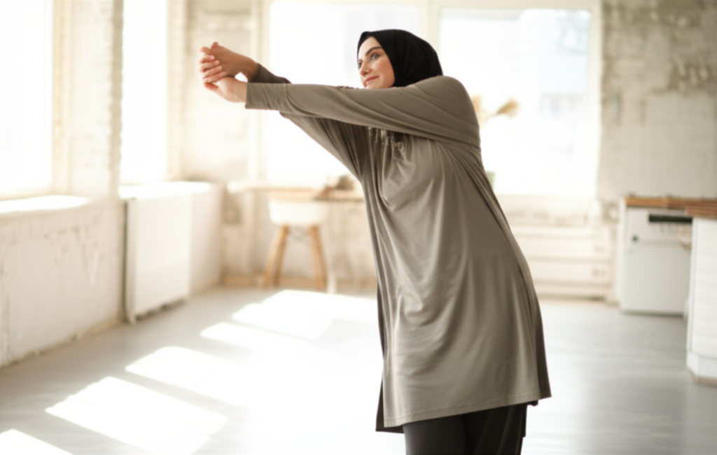 An image showing a woman wearing loose-fitting, modest athletic wear (e.g., long-sleeved tunic, loose pants, a sports hijab) comfortably stretching in a bright, uncluttered home space with natural light.