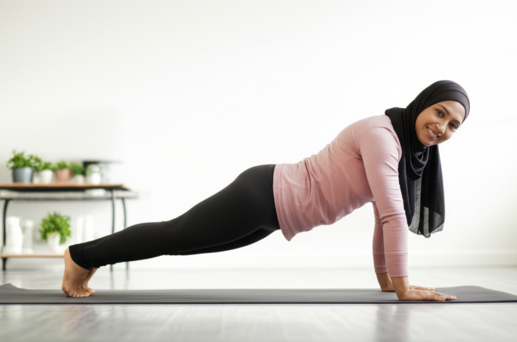 A woman, modestly dressed in comfortable but modest workout clothing (loose-fitting long sleeves and pants, possibly a hijab), performing a modified plank position. She's smiling slightly and appears strong and confident. The background is a clean, simple home setting, perhaps a living room with minimal furniture.