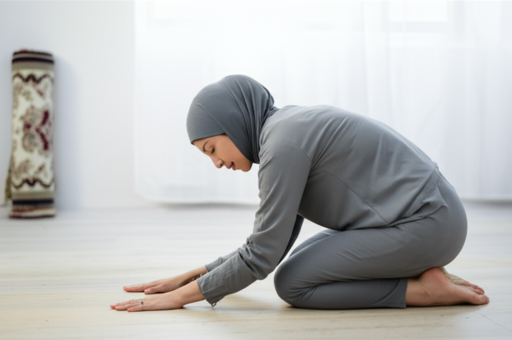 A woman, modestly dressed in loose-fitting clothing and a hijab (or head covering of choice), is gracefully performing a yoga pose (like a gentle stretch or child's pose) in a clean, uncluttered, naturally lit room. There's a prayer rug rolled up neatly in the background, suggesting a quiet and peaceful environment. The overall mood is serene and focused, conveying mindful movement.