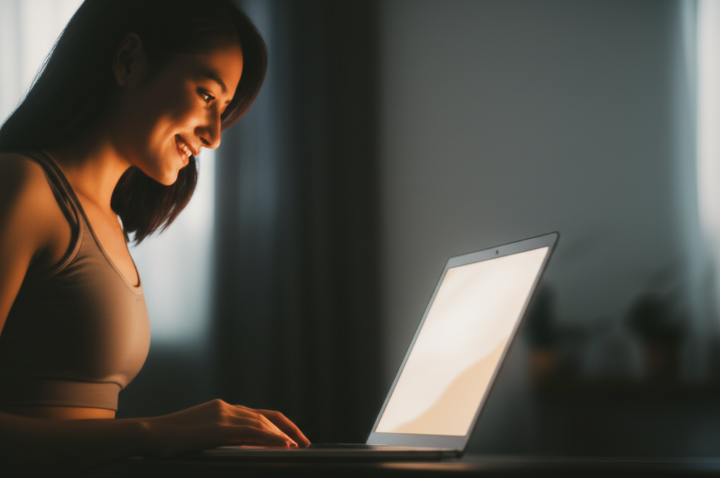 The image should show a woman silhouetted against a softly lit laptop screen in a home setting. She's wearing modest workout attire, and the laptop screen casts a warm, inviting glow on her face. She's smiling faintly, conveying a sense of satisfaction and discovery. The background is slightly blurred to keep the focus on her and the laptop, suggesting the comfort and privacy of her home environment.