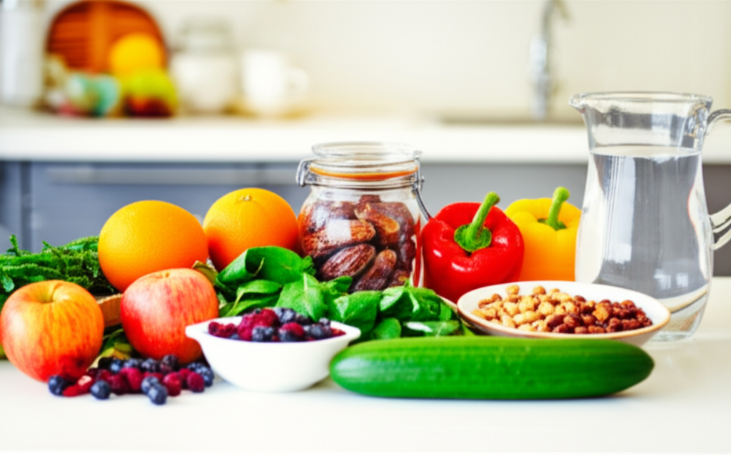 A photograph showcasing a brightly lit kitchen counter arranged with whole, colorful foods. The focus is on fresh fruits (apples, berries, oranges), vegetables (cucumber, spinach, bell peppers), a jar of dates, a bowl of nuts and seeds, and a pitcher of water. The overall feel is clean, healthy, and natural.