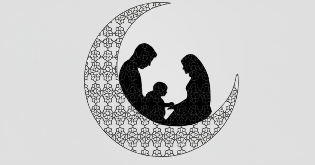 A stylized, interconnected chain forming the shape of a crescent moon, with a subtle silhouette of a family (father, mother, child) nestled inside the moon's curve. The chain links have faint geometric patterns reminiscent of Islamic art.