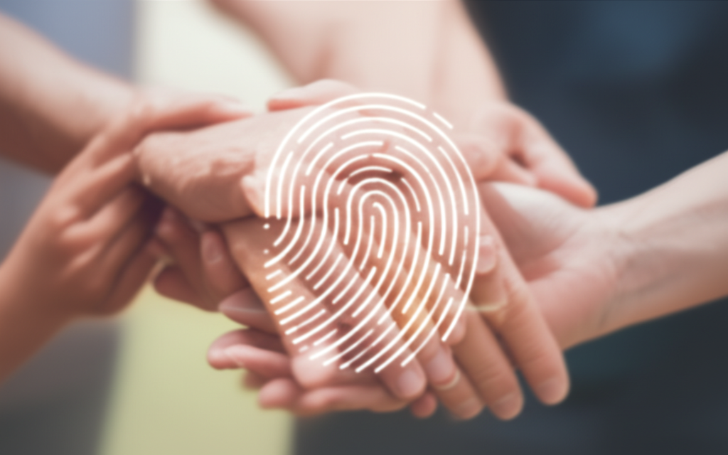 A close-up, blurred image of intertwined hands of varying ages (suggesting family), with a faint, glowing, stylized digital fingerprint overlaid on top. The fingerprint's glow subtly illuminates the hands, symbolizing secure digital identity protecting the family bond.