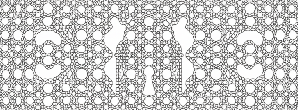 An intricately patterned geometric design, reminiscent of traditional Islamic art, subtly forming the outline of a stylized lock.