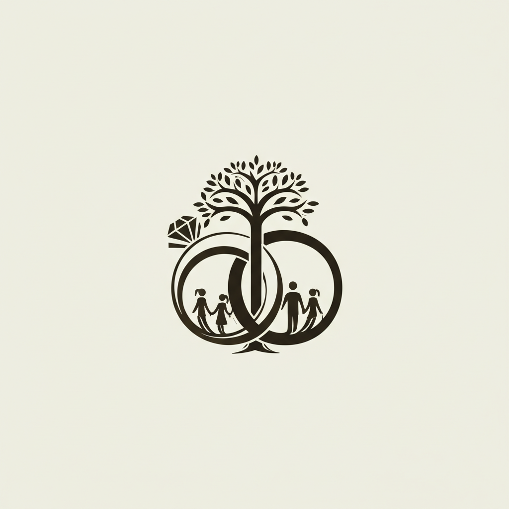 A stylized, interlocking representation of a wedding ring and a family tree, subtly merging into each other. The wedding ring could be simple and elegant, symbolizing marriage, while the family tree could be a minimalist silhouette showing different generations. The overall image should evoke a sense of interconnectedness and legacy.
