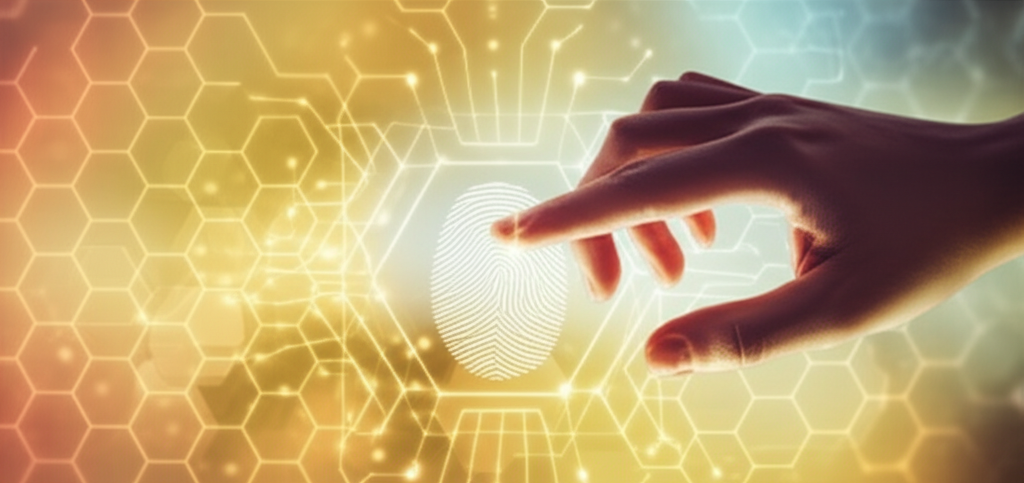 A close-up of a hand gently placing a fingerprint onto a shimmering, interconnected network of hexagonal shapes. The fingerprint itself is partially obscured by the network, subtly suggesting its secure incorporation within the blockchain structure. The overall color palette should be warm and reassuring, with golds and subtle blues predominating.