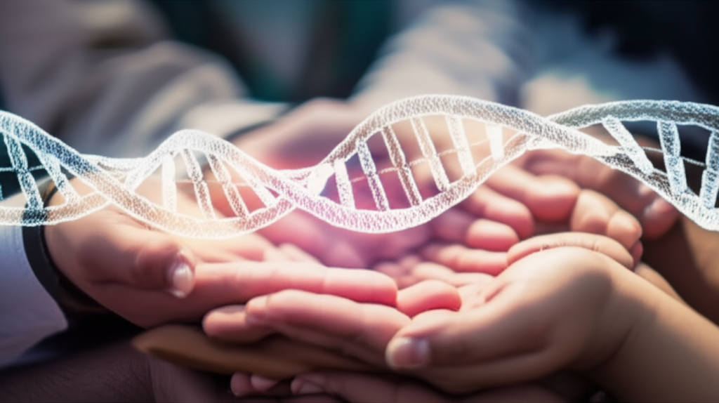 A close-up of diverse hands (specifically showing skin tones common in Muslim communities) gently cradling a glowing, abstract representation of interwoven DNA strands. The DNA subtly pulses with light, emanating a sense of security and protection. The background is soft and blurred, suggesting community and interconnectedness.