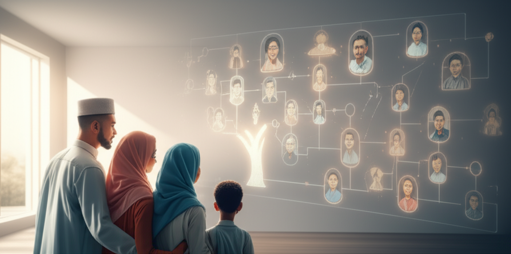 An image showing a family (parents and children, stylized in a modern, inclusive way representing diversity within the Muslim community) gathered around a projected holographic image of a family tree. The tree glows with subtle light, and the faces of the family members in the hologram are clear and present, while the connections between them are shown as luminous, transparent lines.