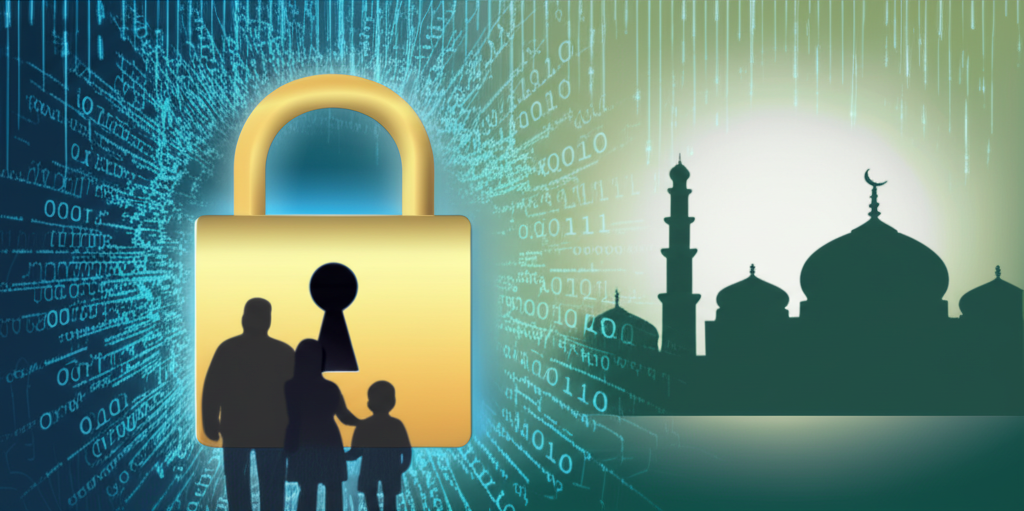 A stylized, glowing lock superimposed over a silhouette of a family (father, mother, and child) looking toward a stylized, simplified mosque in the background. The background mosque should appear as though it is woven into the digital code surrounding the family and lock. The overall color palette should be muted blues, greens, and golds.