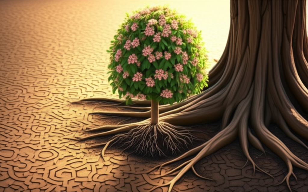 A blooming sapling, representing a child, planted firmly in fertile soil. The soil is subtly textured with Arabic geometric patterns. Sunlight gently bathes the sapling, and its roots are depicted extending downwards, intertwined with the roots of a larger, mature tree representing faith and tradition.