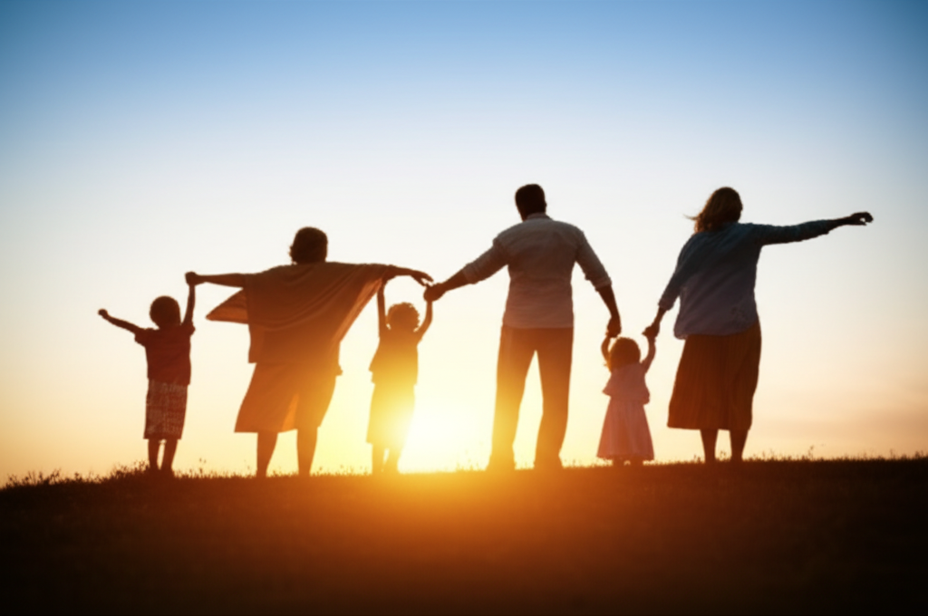 A multi-generational family (grandmother, parents, and children) standing on a hilltop, silhouetted against a vibrant sunrise. They are holding hands, facing outwards towards the sun, with a gentle breeze subtly ruffling their clothing.