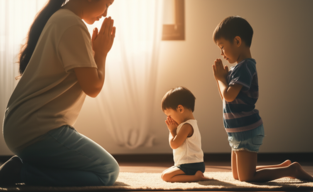 A visual showing a parent kneeling in prayer, facing away from the viewer, with a young child imitating their posture and movements, facing the same direction. Soft, warm lighting should suggest a peaceful, home environment.
