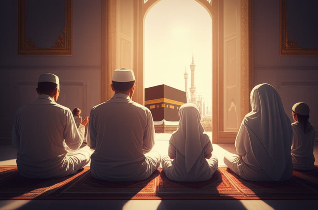 A multi-generational Muslim family (grandparents, parents, and children) sitting together on a prayer rug, all facing the Kaaba (depicted subtly in the distance through a window or open doorway), engaged in prayer. The sunlight streams warmly into the room.