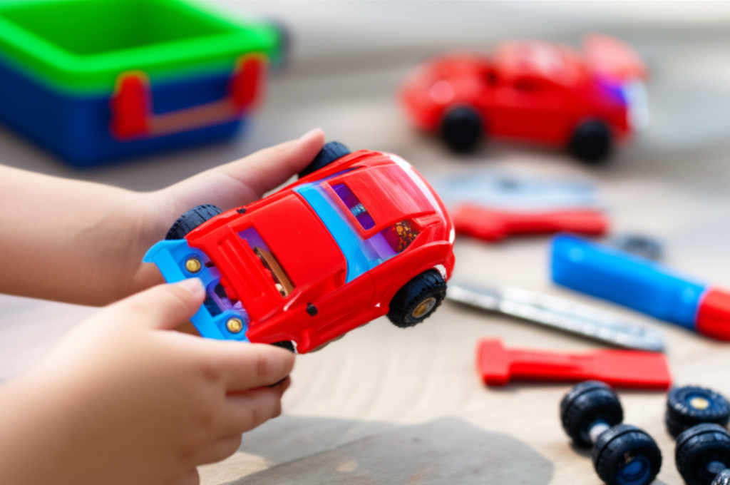 A child's hands holding a partially disassembled toy car, with a toolbox nearby, suggesting exploration, problem-solving, and understanding how things work.