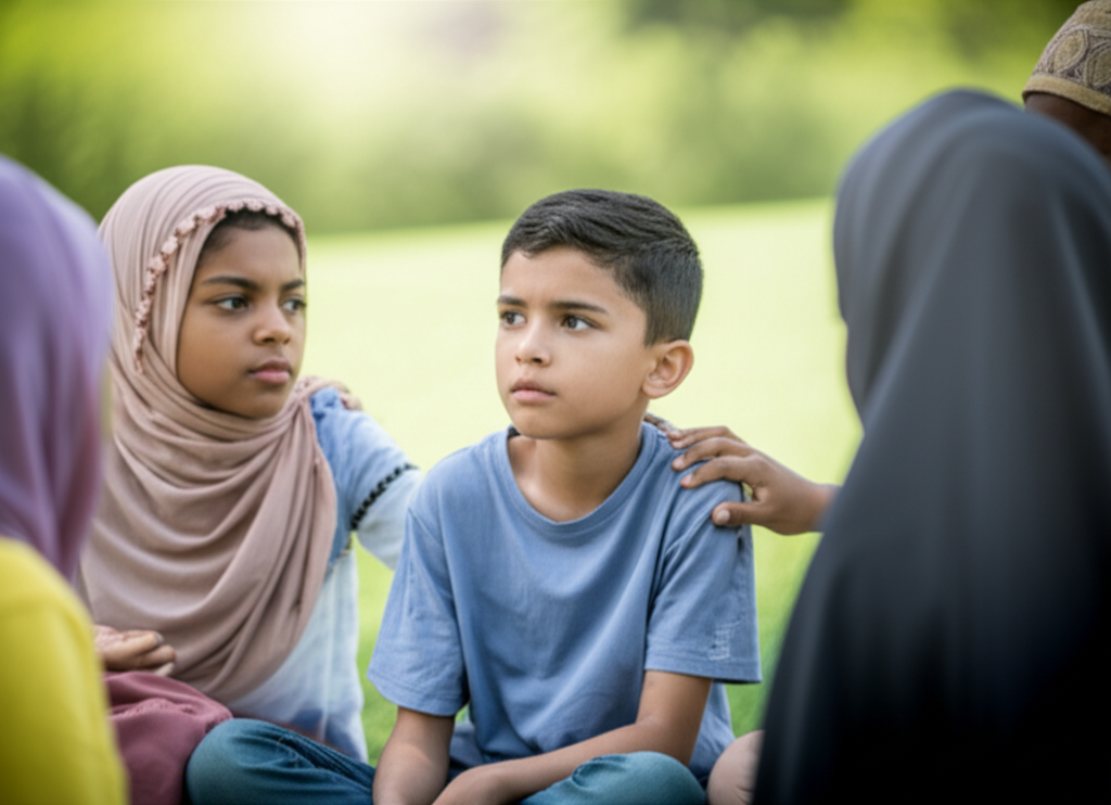 A diverse group of Muslim children (various ages and ethnicities) are sitting in a circle. One child is visibly upset, maybe with a furrowed brow or downturned mouth, and another child is gently placing a hand on their shoulder in a comforting gesture. Other children in the circle are looking at the upset child with expressions of concern and support.