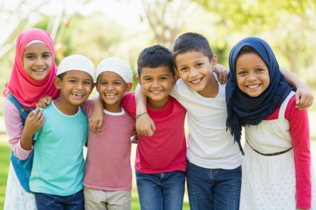A diverse group of Muslim children of varying ages and ethnicities are depicted in a casual, candid shot, all smiling genuinely at the camera. They are standing together in a park-like setting with natural light, possibly slightly blurred in the background. They should not be posed stiffly, but rather appear comfortable and connected.