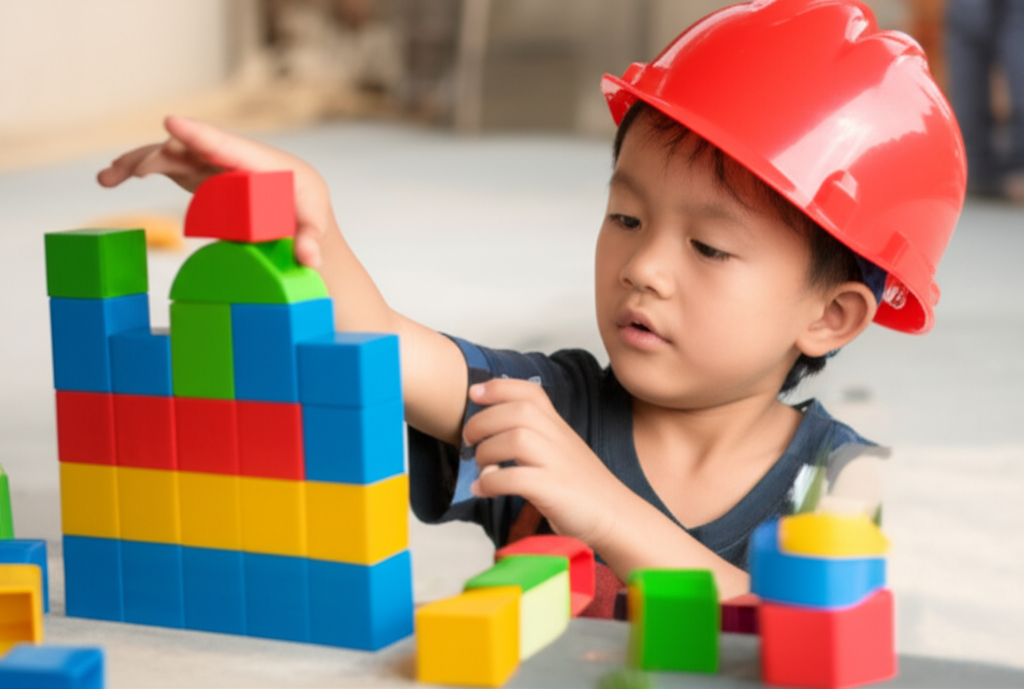 A child wearing a small, brightly colored construction worker's helmet is carefully stacking building blocks of different shapes and sizes on a slightly uneven surface. They are focused intently, and one hand is outstretched, gently steadying the tower as they place another block on top.