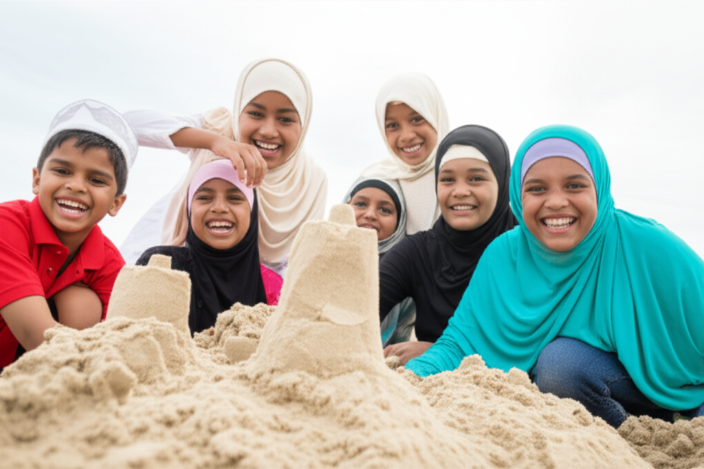 A diverse group of Muslim children, ranging in age from perhaps 5-12, are shown laughing and working together to build a sandcastle on a beach. They are not looking directly at the camera. The focus is on their collaborative effort and the joy evident in their expressions.