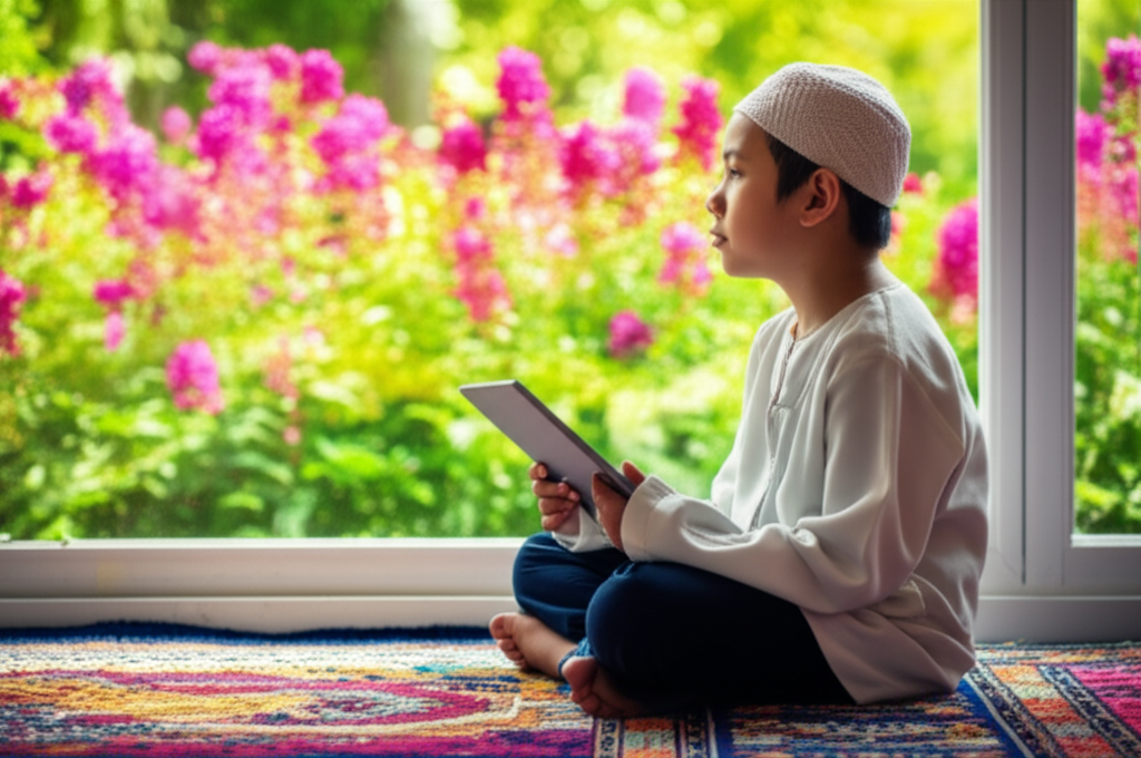 A young Muslim child, perhaps around 8-10 years old, is sitting comfortably on a colorful prayer rug in a sunlit room. They are holding a tablet in one hand but their gaze is directed outward, towards a window overlooking a vibrant green garden with blooming flowers. Their posture is relaxed and peaceful, suggesting a moment of mindful connection with nature after or before using technology.