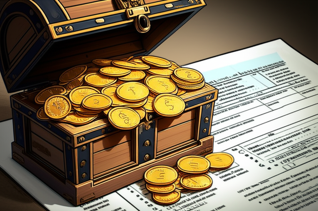 A stylized, overflowing treasure chest spilling out glittering gold coins onto a document resembling a tax form. Part of the treasure chest is subtly shadowed, suggesting hidden depth.