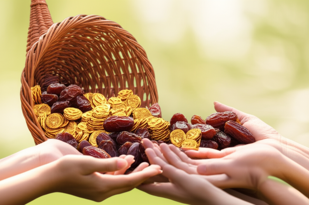 A single, overflowing cornucopia, spilling gold coins and dates onto a family's outstretched hands.
