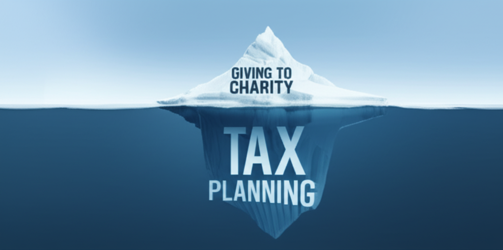 An iceberg. The portion above the water is small and representing visible, common Zakat practices, while the much larger, hidden portion beneath the water represents the legitimate but less known, tax-reducing strategies.