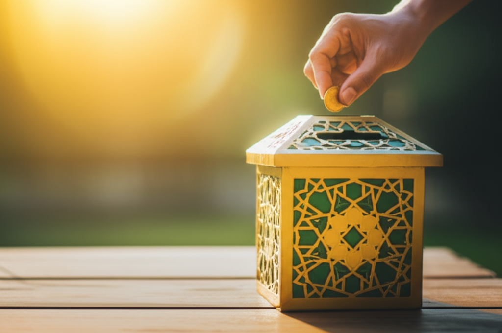 A hand gently placing several gold coins (symbolizing wealth/zakat) into a stylized, ornate donation box decorated with Islamic geometric patterns. Sunlight streams down upon the box and coins.
