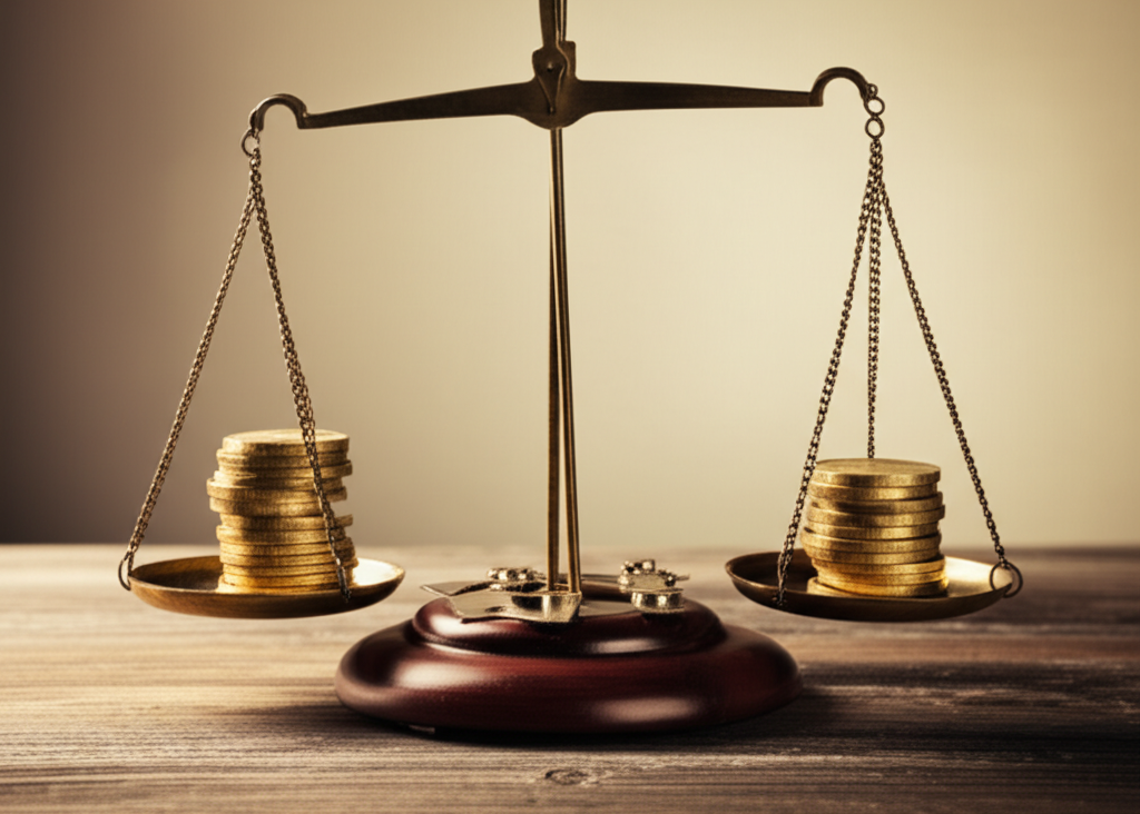 A set of scales, delicately balancing two stacks of gold coins. One stack appears slightly smaller than the other, but both sides are perfectly level, symbolizing a fair and just valuation adhering to permissible methods.