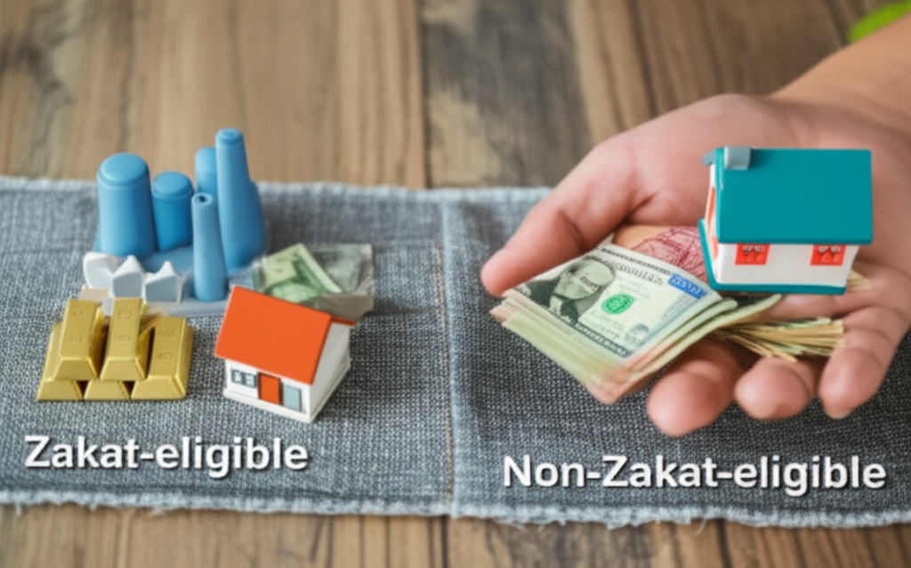 A hand carefully sorting a variety of symbolic representations of income (e.g., a miniature factory for business income, a tiny house for rental income, a handful of play money for salary, a stack of toy gold bars for investments) into two distinct piles: one labeled 