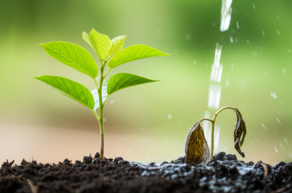 A visual of a seedling (representing early Zakat payment) growing faster and stronger than a similar seedling struggling to grow (representing paying Zakat later/at the last minute). Both are being watered by the same source (representing the blessings of Zakat), but the first seedling is thriving due to early investment.