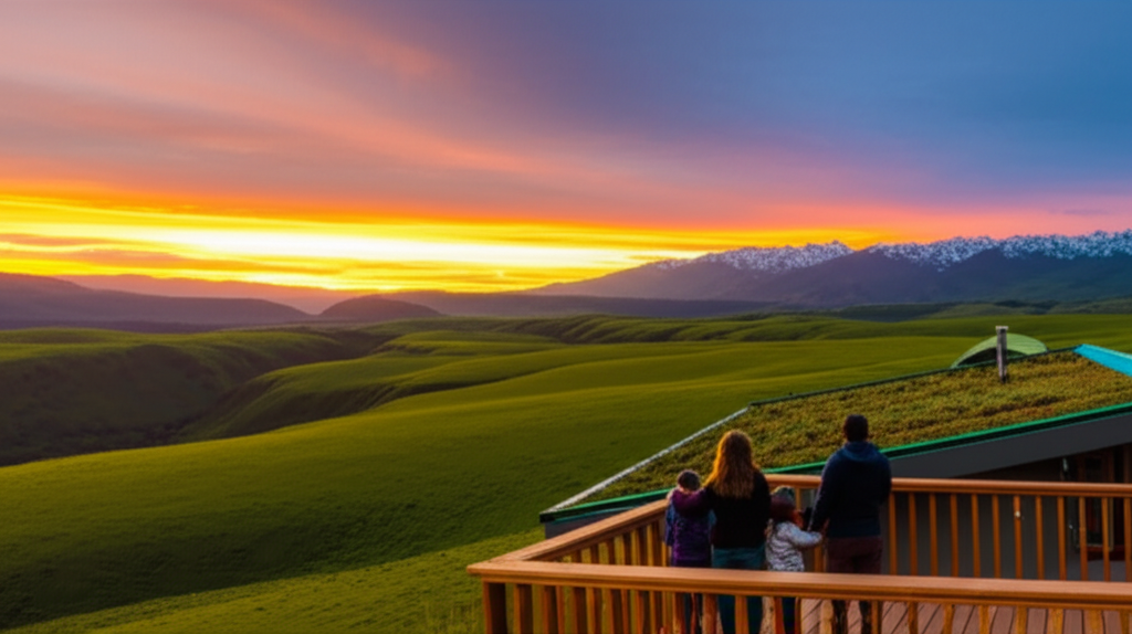 An aerial shot of a family (two adults, two children) silhouetted against a vibrant sunset, looking out from a wooden deck towards a pristine, untouched landscape of rolling green hills and a distant, snow-capped mountain range. The eco-lodge is subtly visible in the background, blending seamlessly into the natural environment with its wooden architecture and green roof.