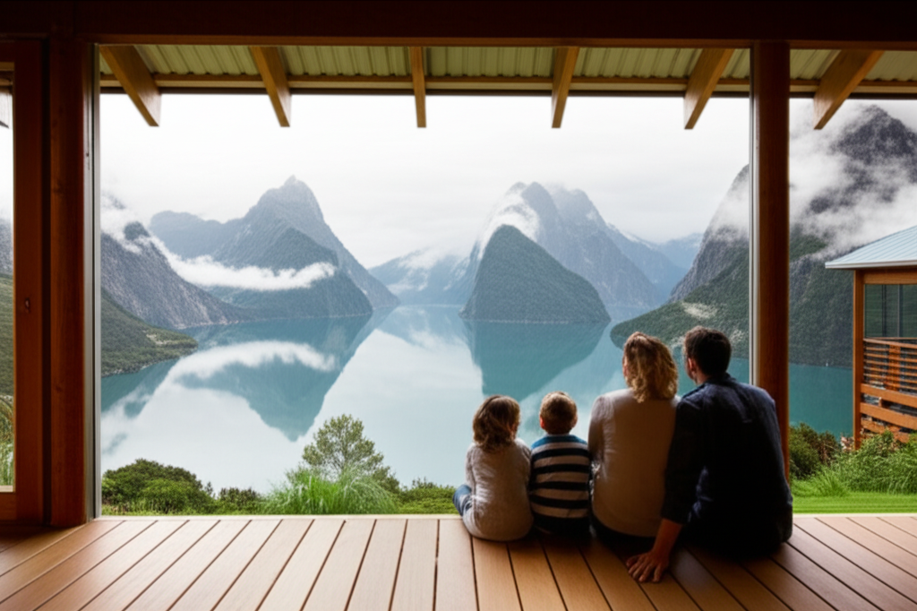 A wide-angle shot of a family (parents and two children) sitting on the porch of a rustic, sustainably built lodge. The porch overlooks a stunning view of a Fiordland-like landscape with a calm lake surrounded by mountains shrouded in mist. The family is looking out at the view, appearing relaxed and content.
