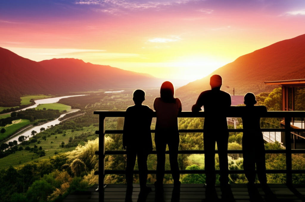 A family of four (parents and two children) are silhouetted against a vibrant sunset backdrop. They are standing on a wooden deck overlooking a lush, green valley in New Zealand. The valley has a river winding through it and mountains in the distance. The eco-lodge is subtly incorporated into the landscape, blending in with the natural surroundings – perhaps a glimpse of its architecture peeking through the trees. Everyone appears relaxed and content, gazing out at the view.