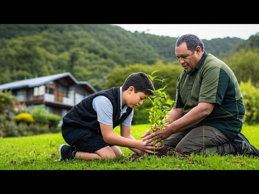 The visual image should feature a young Māori child (approximately 8-10 years old) kneeling beside an eco-lodge staff member (ideally a local Māori person of elder age or significant community standing) who is teaching the child how to plant a native tree sapling. The background subtly shows the eco-lodge blending into a lush, green New Zealand landscape with rolling hills and native bush. The focus is on the interaction between the child and elder, emphasizing respect for the environment and intergenerational knowledge transfer.