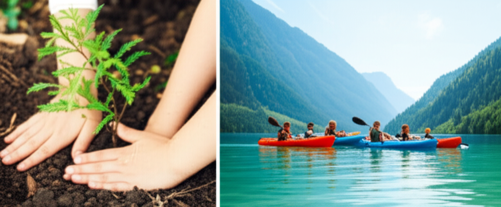 A split image. On the left, a close-up shot of a child's hands carefully planting a native seedling into the earth. On the right, a wide shot of a multigenerational family (grandparents, parents, and children) kayaking together on a calm, pristine lake surrounded by lush green mountains.