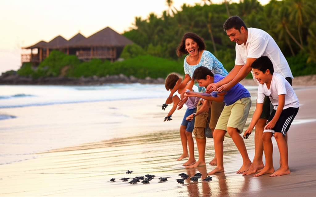 A family (parents and two young children) laughing as they release baby turtles into the ocean at sunset. The eco-lodge is subtly visible in the background, nestled harmoniously into the natural landscape.