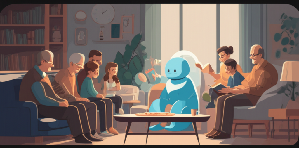 An illustration depicting a diverse, multi-generational family (grandparents, parents, children) gathered comfortably around a glowing, abstract, stylized form representing an AI companion. The family is engaged in activities like reading, playing a board game, and simply talking, with the AI subtly integrated into the scene, seemingly enhancing their connection rather than distracting from it. The overall tone should be warm, inviting, and slightly futuristic, without being overly technological or cold.