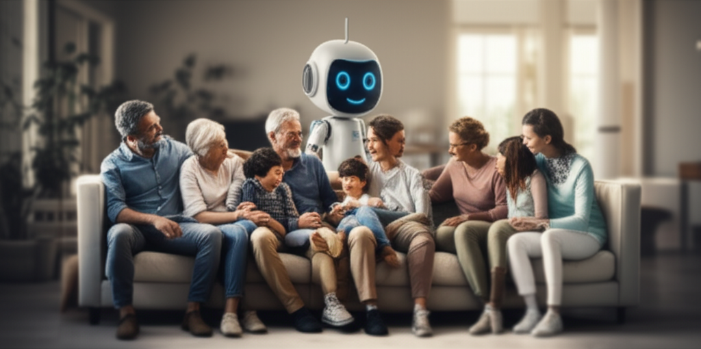 A visually soft-focus, warmly lit image of a diverse group of people of different ages (grandparents, parents, children) sitting comfortably together on a large, inviting sofa. A slightly stylized AI companion, with a friendly but not overtly sexualized design, is subtly present in the background, perhaps partially visible behind the sofa or subtly interacting with a pet, giving the impression it is a part of the scene but not the central focus, emphasizing connection between real people.