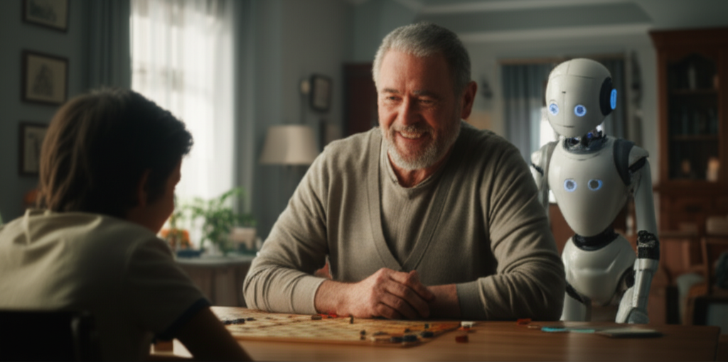 An older adult is smiling warmly while playing a board game with a child, and an AI companion robot (humanoid design, friendly-looking) is subtly observing them both with a gentle, almost parental gaze. The setting is a comfortable, lived-in living room.