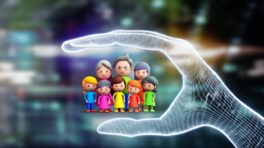 A glowing, stylized digital hand gently cupping and protecting a small cluster of brightly colored, cartoon-style figures representing a diverse family unit (parents, children, grandparents). The background is blurred and evokes a sense of chaotic, abstract digital noise, contrasting with the safe, protected space within the hand.