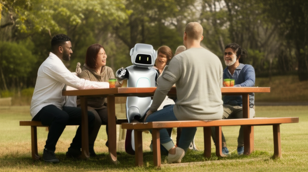 A group of diverse families and individuals are gathered around a park table, laughing and talking. In the center of the table, instead of a human facilitator, sits a small, friendly-looking robot (stylized but not overly futuristic or intimidating) that appears to be gently gesturing as if guiding the conversation. The overall feeling is warm, inclusive, and community-focused, emphasizing connection and shared joy.