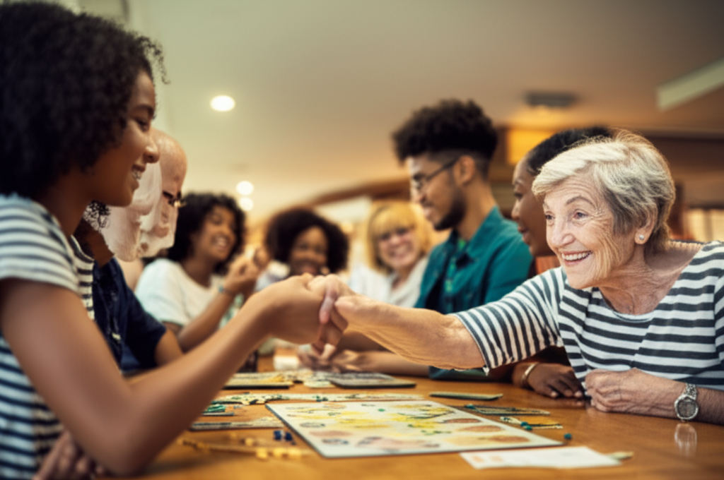 A warmly lit, slightly out-of-focus background shows a diverse group of adults and children playing a board game together at a large table. In the foreground, a smiling elderly woman is reaching out to gently touch the hand of a young person sitting next to her.