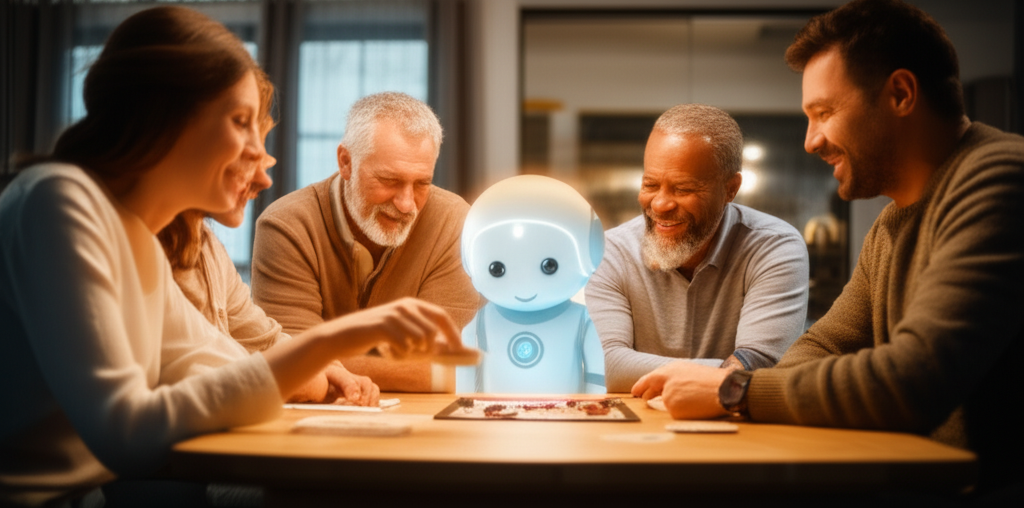 A warmly lit scene inside a home. A multigenerational family (grandparents, parents, child) are gathered around a table, playfully interacting with a friendly-looking, humanoid AI companion. The AI companion is projecting a soft, diffused light onto the table, illuminating the family's faces and creating a sense of connection and safety. Their faces are happy, and are engaged in a board game or a puzzle. The AI Companion also looks happy and engaged. A sense of open, honest, and safe interaction is conveyed.