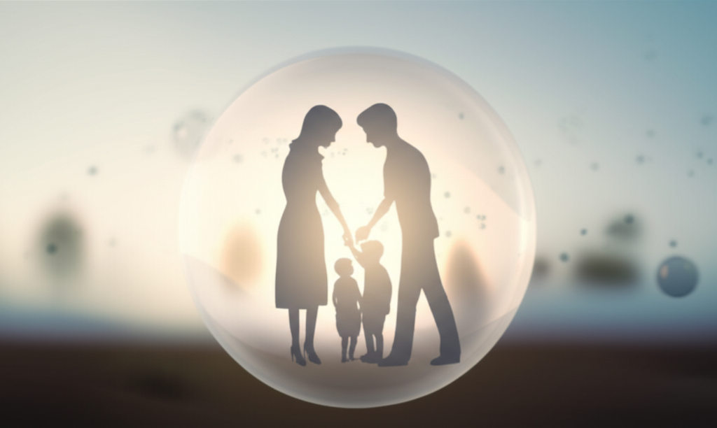 A softly glowing, stylized silhouette of a family (parents and children) inside a translucent, gently glowing bubble or sphere. Outside the bubble, faint, abstract shapes representing data points are visible, but blurred and indistinct, suggesting they are kept at a distance. The bubble represents the secure, private space maintained by the AI companion.