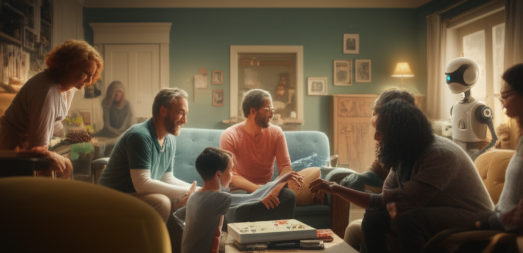 A diverse group of people, ranging in age and apparent ethnicity, are gathered in a warmly lit living room. They are engaged in conversation and smiling, some are playing board games and others are simply talking comfortably. In the background, a friendly-looking robot with a neutral, non-threatening design is participating by observing and seemingly offering a digital hand to help a child reach a game piece.