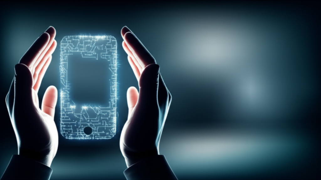 A stylized, glowing circuit board pattern subtly forming the silhouette of a smartphone. The phone is cradled within two cupped hands, emphasizing protection.